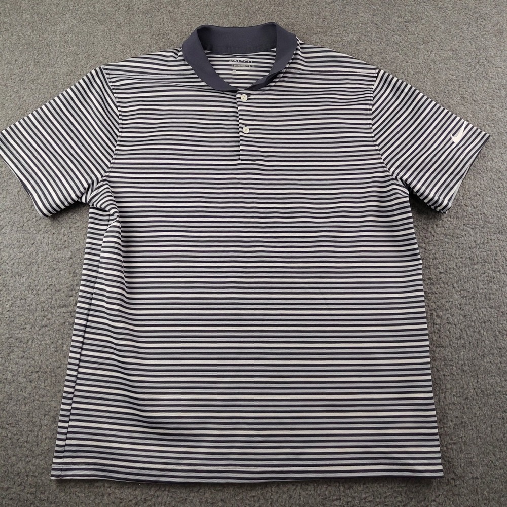 Nike Polo Shirt Mens Large Dri-FIT Striped Navy White Preppy Sporty Golf EUC
